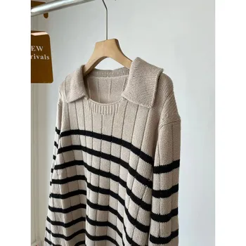 2022 m. Rudens ir Žiemos Retro Dryžuotas Vilnos Megztinių Trikotažas Atvartas Megztinis ilgomis rankovėmis Džemperis Moterims
