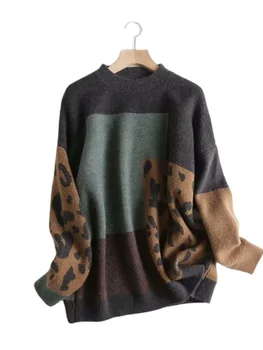2022 Moterų Derliaus Leopard Megztinis ir Megztiniai Žiemos Kratinys Ruda Megztiniai (Džemperiai laisvo Stiliaus korėjos Slim Traukti Džemperiai