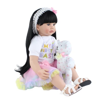 60 CM Minkšto Silikono Reborn Baby Doll Girl 24 Colių Juodi Ilgi Plaukai Princesė Bamblys Vaikams Gimtadienio Dovana Žaisti Namuose prieš Miegą Žaislas