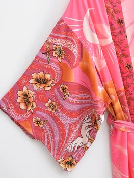 Boho Kimono Pink Gėlių Spausdinti, Padengti Ups, Batwing Rankovės Varčias, Viskozės, Medvilnės Mėnulis Kimonos Derliaus Prašmatnus Bikini Cover-up maudymosi kostiumėlį