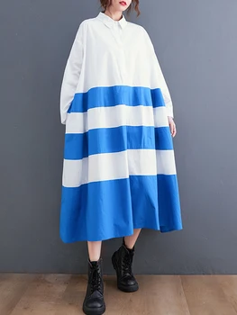 CHICEVER Dryžuotas Colorblock Dress Moterų Atvartas ilgomis Rankovėmis Mygtuką Tiesiai Laisvi 