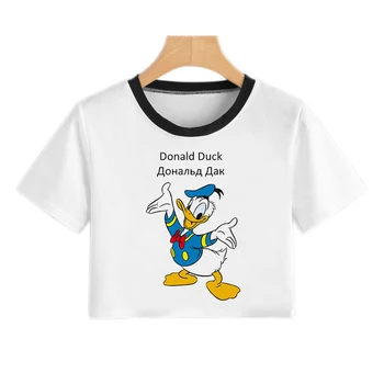 Disney Mickey, Donald Duck Draugais Animacinių Filmų Spausdinti Vasaros Trumpas Rankovės O-Kaklo Marškinėlius Moterų Y2k Estetinės Moterų Pasėlių Viršuje Streetwear