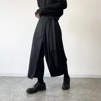 Elastinga Juosmens Kaklaraištis Culottes Vyrų Harajuku Streetwear Tendencijos Mados Atsitiktinis Palaidų Black Wide Kojos Kimono Kelnės Žmogus, Sijonas, Kelnės