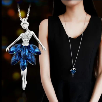 Elegantiška Mėlyna Kristalų Ballerina Girl Pakabukas Kalnų Krištolas Karoliai & Karolius, Ilgas Megztinis Grandinės Pareiškimą Papuošalai 2022