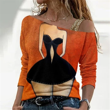 Grafinis Spausdinti Nerijos Apykakle ilgomis Rankovėmis marškinėliai Seksuali Estetikos Viršūnių 2021 M. Rudenį moteriški Drabužiai Gatvės Mados Atsitiktinis Marškinėliai