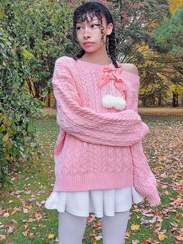 IAMHOTTY Estetinės Furball Lankas Nėrinių Rožinis Megztinis Kawaii Prarasti Twist Megzti Megztinis Lolita Japonų Stiliaus Megztinis Fairycore