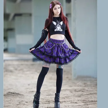 Japonijos Harajuku Merginos Violetinė Pledas Plisuotas Sijonas, Gothic Punk Saldus Lolita Tortas Mini Sijonas Kamuolys Suknelė Moterims Kawaii Trumpais Sijonais