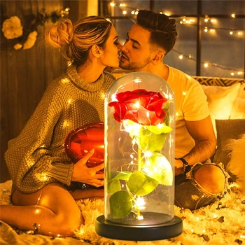 Konservuoti Rožių Gėlių Stiklo Kupolas Dirbtinių Gėlių, Rožių su LED Šviesos Valentino Diena, Jubiliejus, Gimtadienio, Kalėdų Dovana Jai