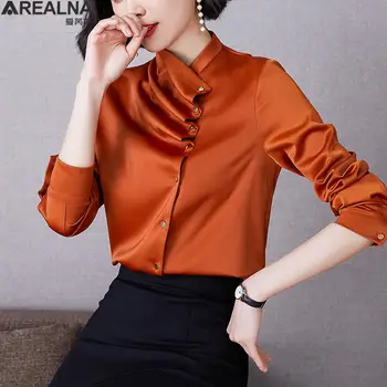 Korėjos Stiliaus Moteris Elegantiška Palaidinė Mygtuką, Plisuotos Mygtuką Iki Marškinėliai Šilko Negabaritinių Oranžinės Spalvos Marškinėliai Ilgomis Rankovėmis Satino Viršuje Blusas Mujer