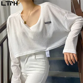 LTPH korėjos mados atsitiktinis plonas baltos spalvos marškinėliai moterims laisvi, O Kaklas trumpas, negabaritinių marškinėliai streetwear pasėlių viršuje 2021 m. rudenį naujų
