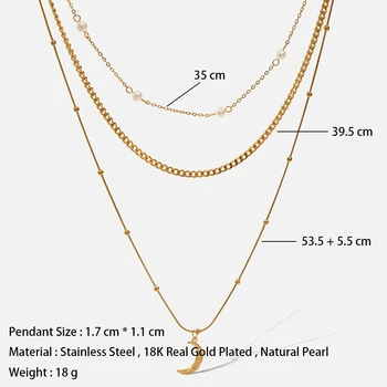 Madinga Mėnulis Nerūdijančio Plieno Multi Layer Ilgas Pakabukas Choker Karoliai Moterų Femme 18 K Aukso Grandinės Natūralių Perlų Papuošalai