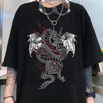 Moteriški Marškinėliai Harajuku Tees Goth Dragon Punk, Gothic Drabužius Y2k Viršų trumpomis Rankovėmis Hip-Hop Streetwear Viršūnes Spausdinti Moterų Marškinėlius
