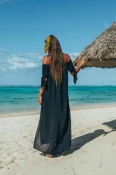 Moterų Pynimas Off Peties Matyti Per Mados Klubas Akių Vien Vakare Šalies Maxi Suknelė Paplūdimys