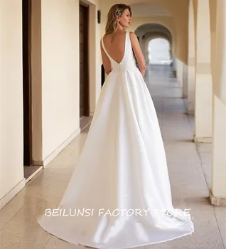 Paprasta Vestidos De Noiva White Satin Vestuvių Suknelės 2022-line V Kaklo Su Kišenėmis Pigūs Backless Chalatas De Mariée Brides