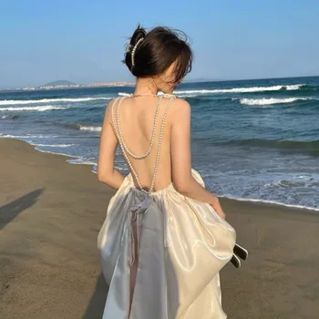Ponios Suknelė Seksualus Pearl Backless Blizgus Bowknot Pajūrio Atostogų Paplūdimio Suknelė Naują Unikalaus Dizaino, Elegantiška Prom Oficialią Šalies Vestidos