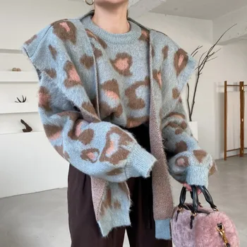 Rudenį, Žiemą prancūzijos Šviesą Apvalios Kaklo Prarasti ilgomis rankovėmis, Leopardas spausdinimui Megzti Megztinis Moterų Dizaino Prasme Skara Top two-piece