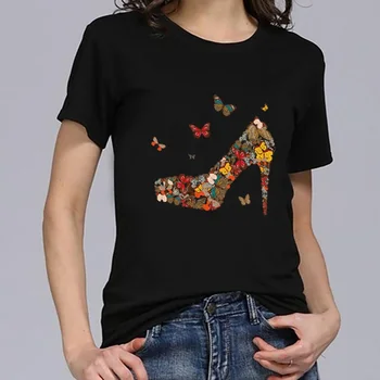 T-shirt Moterų Animacinių filmų Modelis trumpomis Rankovėmis Vasarą Juoda O-kaklo Drugelis Spausdinti moteriški marškinėliai Atsitiktinis Viršų Tee