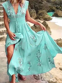 Vasaros Maxi Suknelės Moterims Derliaus Gėlių Spausdinti Sexy Nėrinių V Kaklo Ilgai Sundress Mados Atsitiktinis Paplūdimio Stilius Ponios Žalia Suknelė