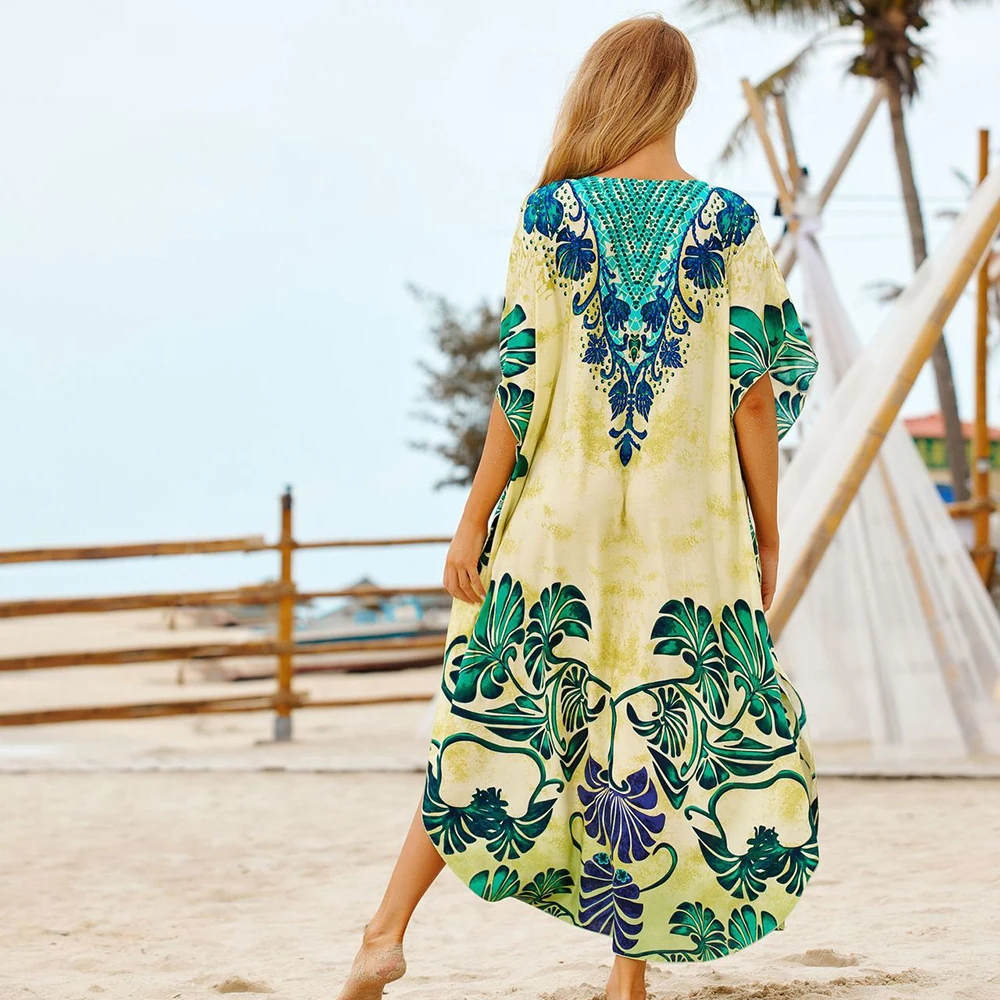 Boho Paplūdimio Suknelė Moterims Maudymosi Kostiumėliai, Pareo Paplūdimio Cover Up Suknelė Kaftan Paplūdimio Lapų Spausdinimo Paplūdimio Kūno Įvyniojimas Bikini Padengti Iki Nuotrauka 3