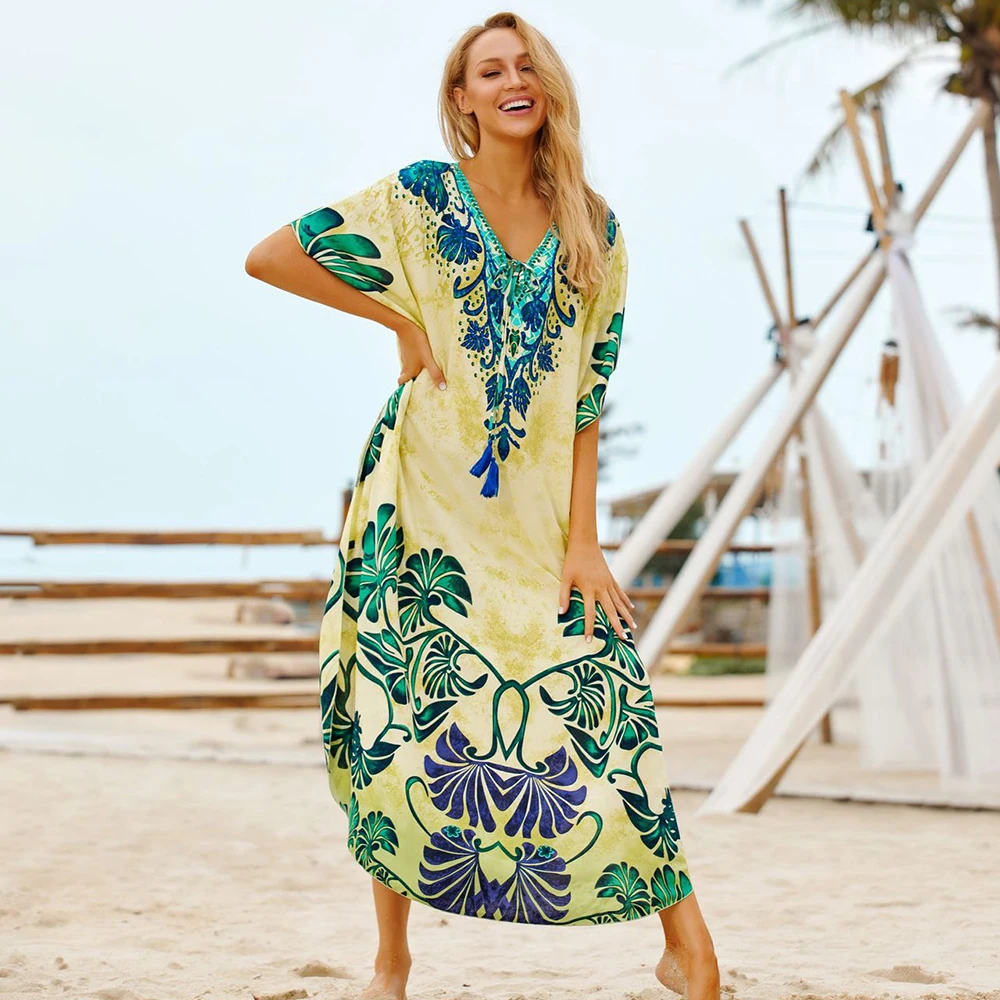 Boho Paplūdimio Suknelė Moterims Maudymosi Kostiumėliai, Pareo Paplūdimio Cover Up Suknelė Kaftan Paplūdimio Lapų Spausdinimo Paplūdimio Kūno Įvyniojimas Bikini Padengti Iki Nuotrauka 5
