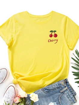 Dėl Krūtinės Red Cherry Spausdinti Moterų Marškinėliai Trumpomis Rankovėmis O Kaklo Prarasti Moterų Marškinėlius Ponios Marškinėliai, Topai Camisetas Mujer